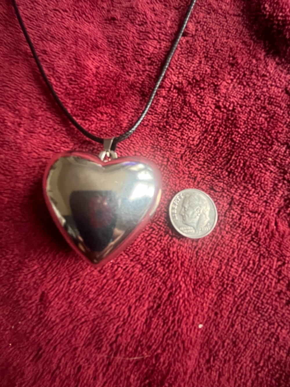 Upcycled Polished Silver Heart Pendant Necklace on Black Wax Cord Sustainable - Picture 3 of 4